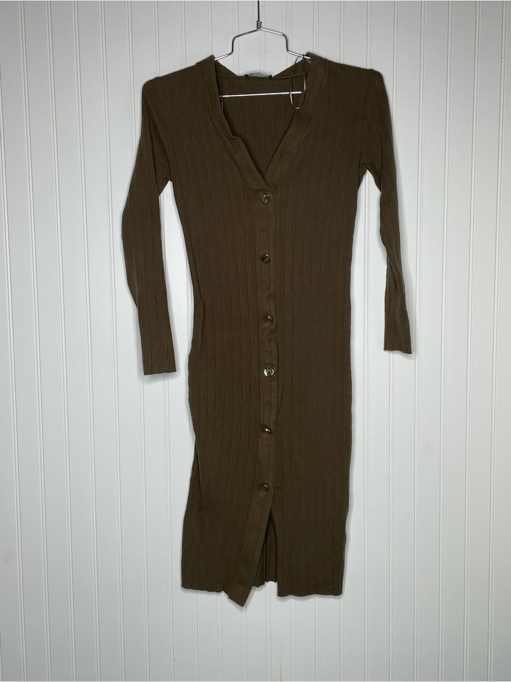 ZARA Button Front Ribbed Long Sleeve Dress - Picture 2 of 8